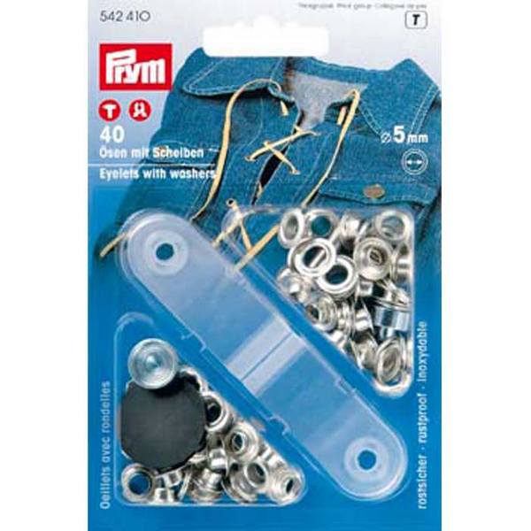 Prym Ösen und Scheiben 5mm silberfarbig – 40 Stück mit Werkzeug auf weißem Hintergrund